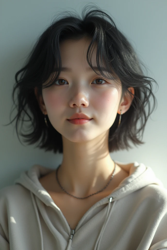 (Surreal) , (Like the picture:1.4),(Increase the resolution), (8k), (Very detailed), (Beautiful and detailed), (Highest quality), (Very detailedな), (masterpiece), (wallpaper), (Detailed face), alone,1 girl, perfect beautiful japanese woman:1.4、Looking at the audience, Subtle details, Detailed face, cloudy, Deep Shadow, A gentle smile,Short Hair Silver Color Mesh,My hair is messy,look up,masterpiece, Highest quality, 8k, Upper Body, Dabo Dabo Hoodie:1.4, break, 18-year-old, Anna_, Wavy Hair, Show Viewer, smile, Ultra-realistic photos, Sharp focus, Face Light, Dynamic Lighting, break, Real Skin, Symmetrical, clear eyes,, Sharp pupils, Realistic student,Light background,Camera angle: Low - Angle,Various poses,necklace,Pin on right ear,Attractive face, Mid-chest, bracelet
