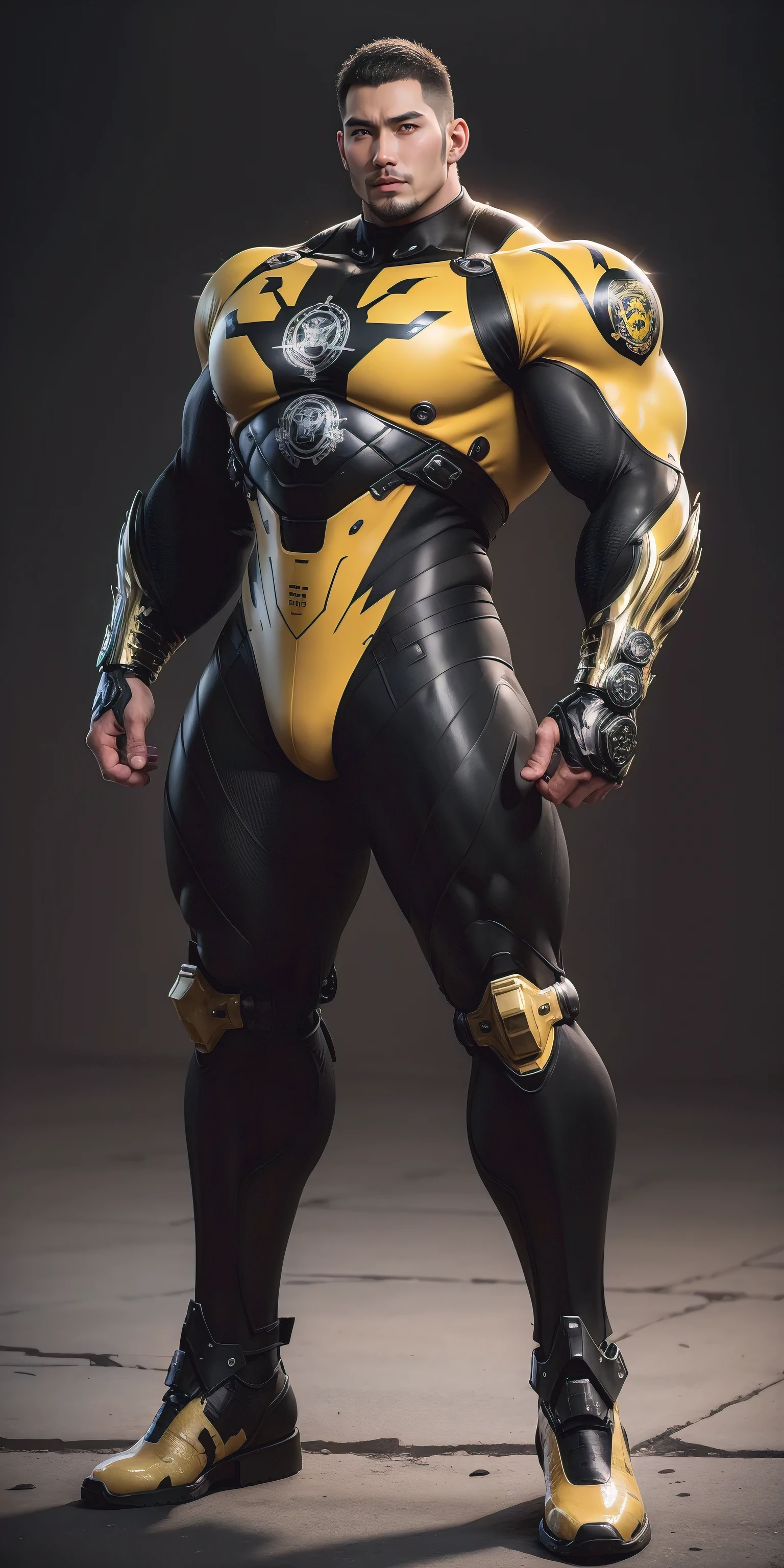 Tall giant muscular police officer,Yellow and black camouflage patterned nano mecha,Honeycomb pattern,Lightweight texture,Character Concept(Resident Evil - Chris Redfield,Chris Redfield)senior police officer,Small grid texture,Regular symmetrical texture pattern,Sad expression,Deep and charming eyes,Standing in a bright mechanical laboratory,Emerald Eyes Hero,Heroic male pose,Tall burly,muscular!Attractive leg muscles,High target, Burly, Heqiang, Super Buff and Coolness, High Resolution Committee, Bigfoot yellow-gray ultra-thin nano-mechanical boots,Charismatic strongman,The bright sunshine shines on you,Matte particles,Shiny texture