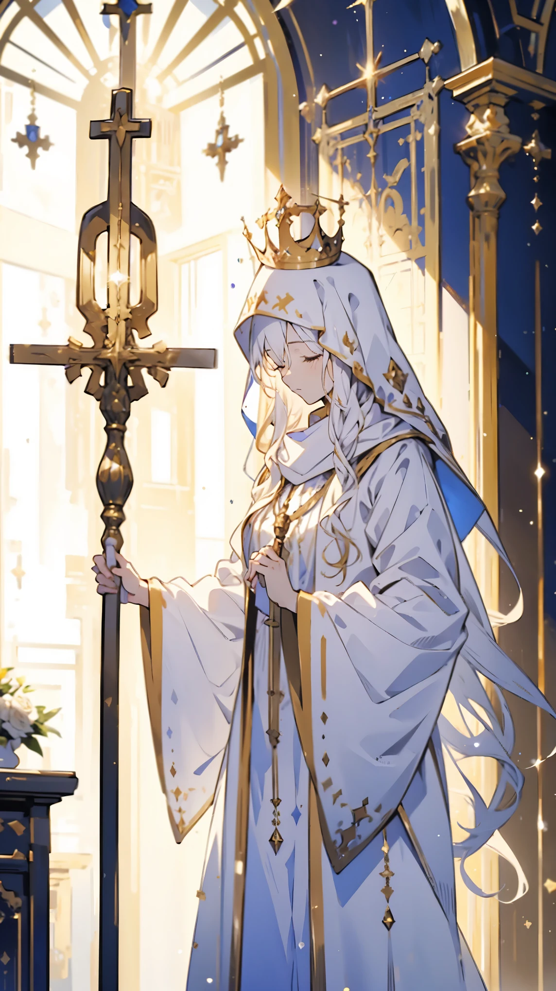 priest,Sacrificial Girl,gold and white,Scepter,Crown,Triple crown,Scepter,Indoor background,altar background,White gold background,White and gold,Scepter,Close your eyes