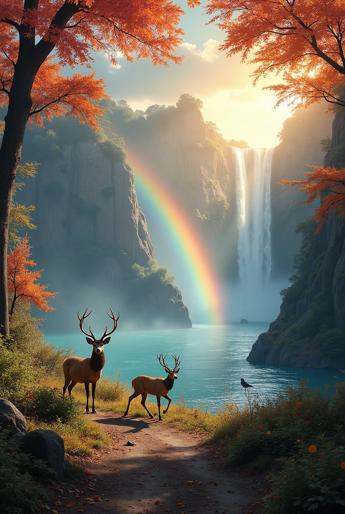 Beautiful land, mix seasons, colorfull, in the morning with sun rise, ultra HDR, aesthetic, falling leaps, waterfalls, rainbow, deers