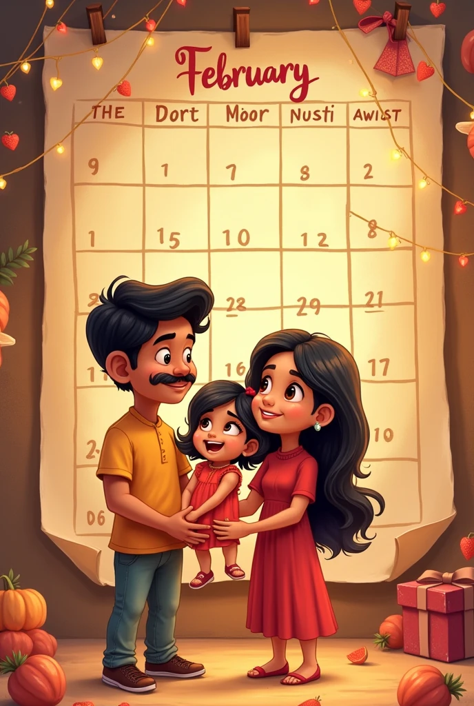 Make a pleasant surprise for birthday of a family. In our family me Dheeraj Shandilya my wife is Pooja Sharma & my daughter is Amy Shandilya. So please mention the name of each family member and their date of birth is 09 October, 25 February and 08 February respectively so please mention the photo of calander of February and October and mark the date of birth on calander. And try to add the the photo of a couple animated holding their daughter in lap. Please mark the date 09 October, 25 February and 08 February. Please follow the English calander only. Yes this is right way but mention 08 February also