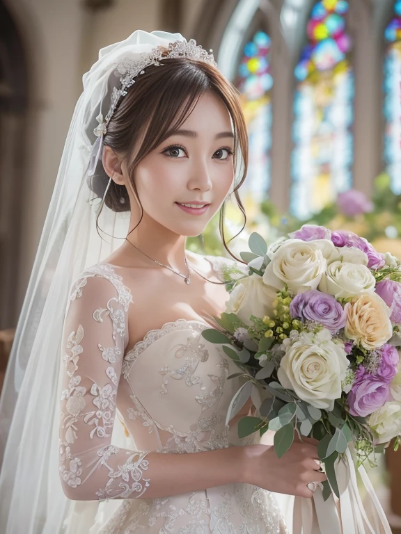 Photo-realistic quality、a woman in a Wedding dress holding a bouquet of flowers、Standing in front of the church、20 year old Japanese model、白のWedding dress,Hanae Mori style wedding dress、Japan idols at 20 years old、lace prom dresses、looking at the camera、Detailed and beautiful eyes、Cute smile、Relaxed and gentle expression、a close up of a woman in a Wedding dress holding a bouquet, Wedding dress, So magical and dreamy、Blur the background a lot、300mm F2.Shot with 8 lenses