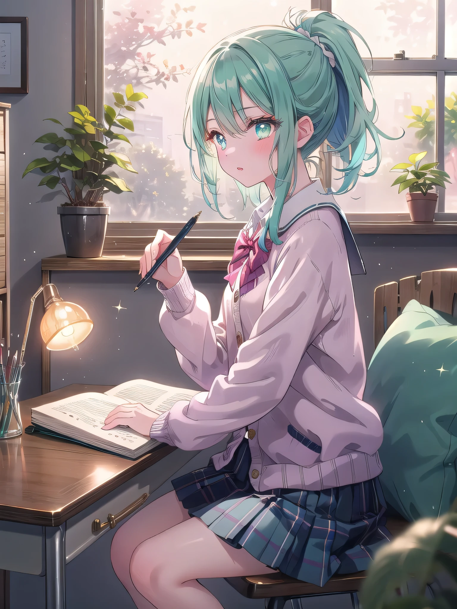 ((8k, Highest quality, masterpiece: 1.3)),Ultra-high resolution,(1 girl, alone), (Color changing eyes, Ultra-detailed, Expressive brilliance, Glitter, Glowing Eyes), Highly detailed eyes, Highly detailed face, Random Hair, ((pastel colour)),A gentle young woman with pastel mint-green hair styled into a simple ponytail, sitting at her desk in her cozy bedroom during a late afternoon. She is dressed in a modest yet charming school uniform cosplay, wearing a knee-length pleated skirt, a plain white blouse, and a soft cardigan. The camera captures her from a side angle as she writes in a notebook, her expression focused and serene. The room is warmly lit by the soft glow of a desk lamp, with a few textbooks, a cup of tea, and a small plant on the desk, creating an atmosphere of quiet study and subtle allure.