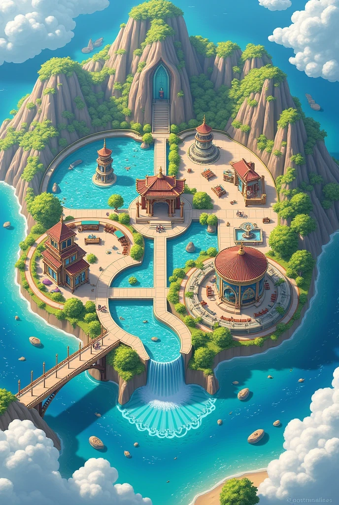 Create an image of a map with 5 interconnected zones, each with a distinct center and outer area:
Central Zone: A restaurant at the center, surrounded by multiple kitchens or cooking counters.
Northern Zone: An aquarium with a palace inside it, visible through the water.
Southern Zone: A waterfall revealing a cave within its cascading waters.
Eastern Zone: A desert landscape with a grand Chinese mountain at its center.
Western Zone: A suspension bridge with a Nikken water filter positioned midway across its span.
Style: Colorful, semi-realistic illustration with clear boundaries between zones. Each zone should have a unique shape, similar to the examples provided.