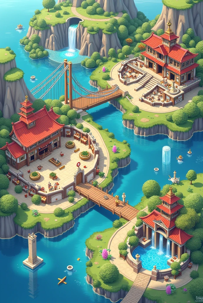 Create an image of a map with 5 interconnected zones, each with a distinct center and outer area:

Central Zone: A restaurant at the center, surrounded by multiple kitchens or cooking counters.
Northern Zone: An aquarium with a palace inside it, visible through the water.
Southern Zone: A waterfall revealing a cave within its cascading waters.
Eastern Zone: A desert landscape with a grand Chinese mountain at its center.
Western Zone: A suspension bridge with a Nikken water filter positioned midway across its span.

Style: Colorful, semi-realistic illustration with clear boundaries between zones. Each zone should have a unique shape, similar to the examples provided.