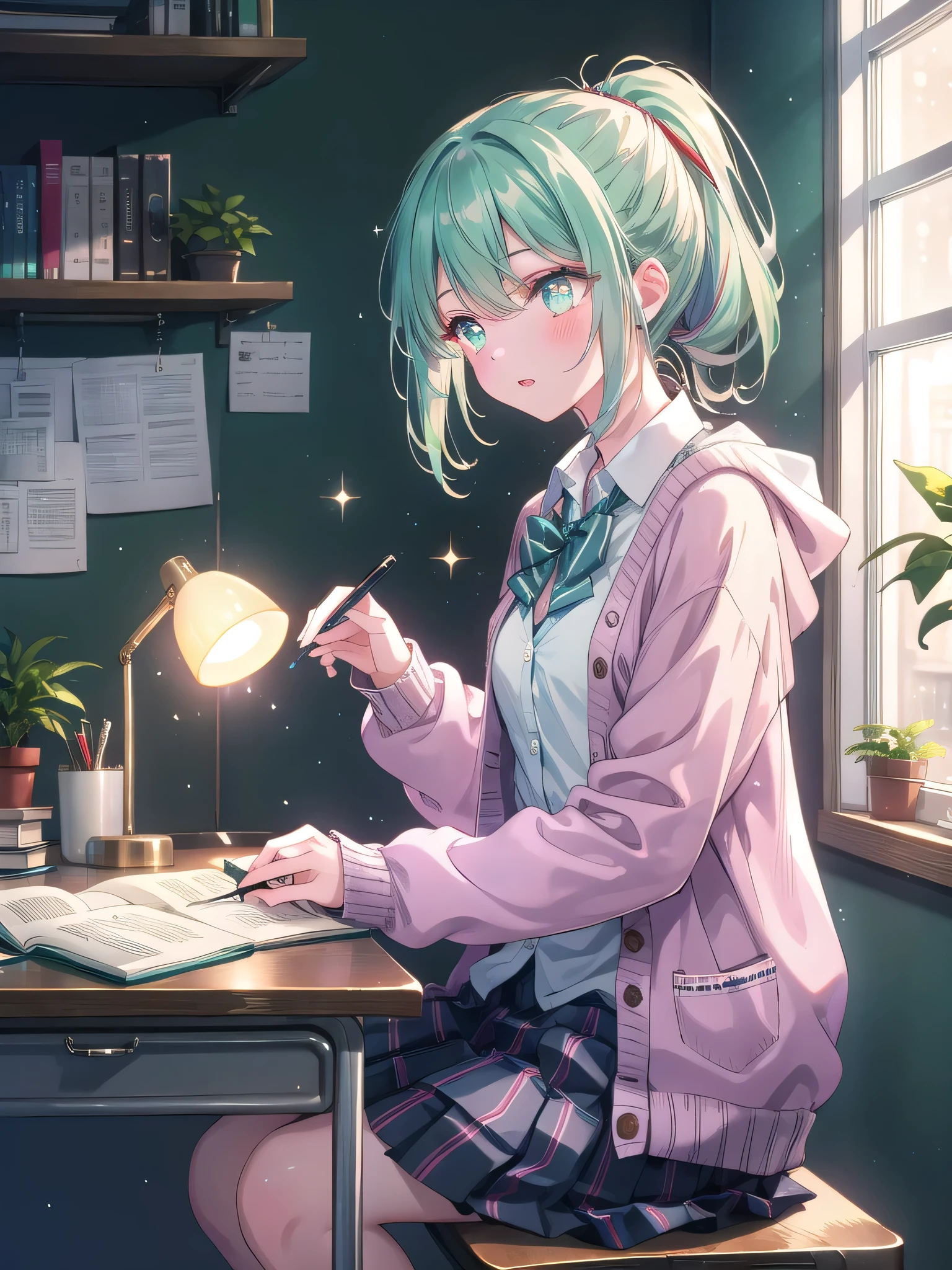 ((8k, Highest quality, masterpiece: 1.3)),Ultra-high resolution,(1 girl, alone), (Color changing eyes, Ultra-detailed, Expressive brilliance, Glitter, Glowing Eyes), Highly detailed eyes, Highly detailed face, Random Hair, ((pastel colour)),A gentle young woman with pastel mint-green hair styled into a simple ponytail, sitting at her desk in her cozy bedroom during a late afternoon. She is dressed in a modest yet charming school uniform cosplay, wearing a knee-length pleated skirt, a plain white blouse, and a soft cardigan. The camera captures her from a side angle as she writes in a notebook, her expression focused and serene. The room is warmly lit by the soft glow of a desk lamp, with a few textbooks, a cup of tea, and a small plant on the desk, creating an atmosphere of quiet study and subtle allure.

