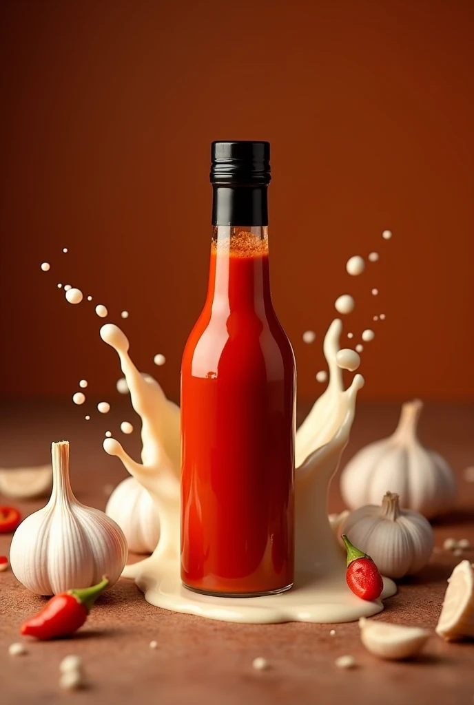 a commercial photo of a hot sauce , in the background a brown background with some foods and garlic and the sauce bottle in the middle , make more wonderful with splashs of cream
