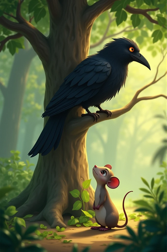Chiku, the mouse, standing at the base of the Peepal tree, looks up with gratitude towards Haran, the crow, who perches above with a warm, satisfied expression. The scene highlights the deep bond of friendship and trust between the two, with the peaceful jungle backdrop symbolizing their harmonious coexistence."
