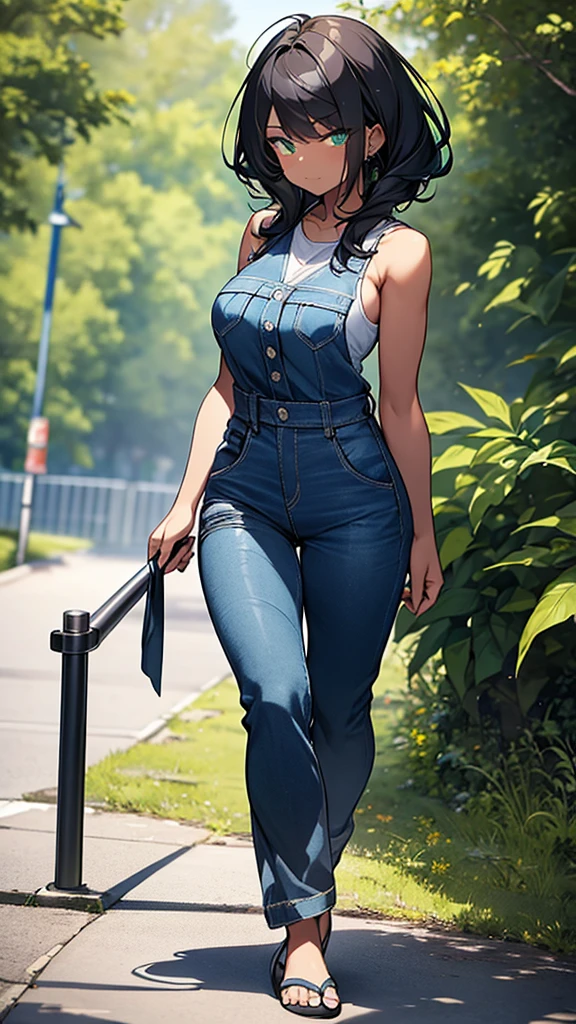 She-Hulk, black hair, green skin, wearing sleeveless blue denim jumpsuit, walking barefoot in a park, full body shot.