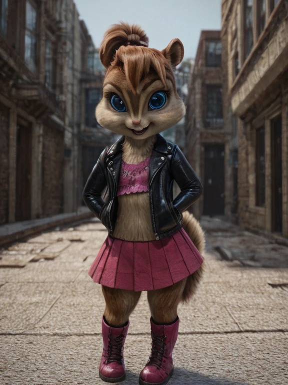 3d render, unreal engine, 4k, 8k, perfect eyes, Brittany Miller, chipmunk, Squirrel, full body, female, ponytail hairstyle, smiling, pretty, cute, adorable, (photorealism:1.2), blue eyes, pupil, white sclera, alleyway, standing, detalied fur, solo, solo focus, perfect anatomy, detalied background, neck tuft, slim body, goth outfit, black leather jacket, pink shirt, pink skirt, black leggings, pink boots, by pixelsketcher, perfect eyes, anthro, young, presenting arms