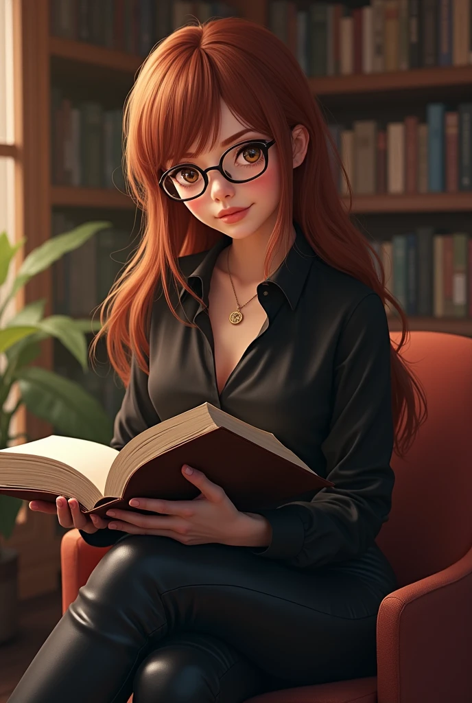 A studious girl (chestnut hair) (is wearing glasses) (black blouse) (leather pants)
(book in hand)