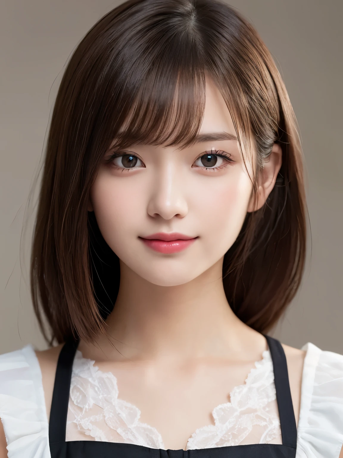 white background, half body portrait, bust shot, looks happy, gentle smile, one girl, (a beauty girl, delicate girl:1.3), (20 years old:1.3), break, (halloween colored maid costume), break, very fine eyes, (symmetrical eyes:1.3), break, E cup breasts, brown eyes, parted bangs, brown hair, (smile), break, (eyes and faces with detailed:1.0), break, (masterpiece, best quality, ultra detailed, detailed face, 8k)