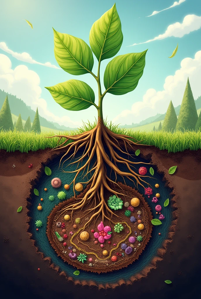 An image where the ground comes out, a plant and the soil biota in relation