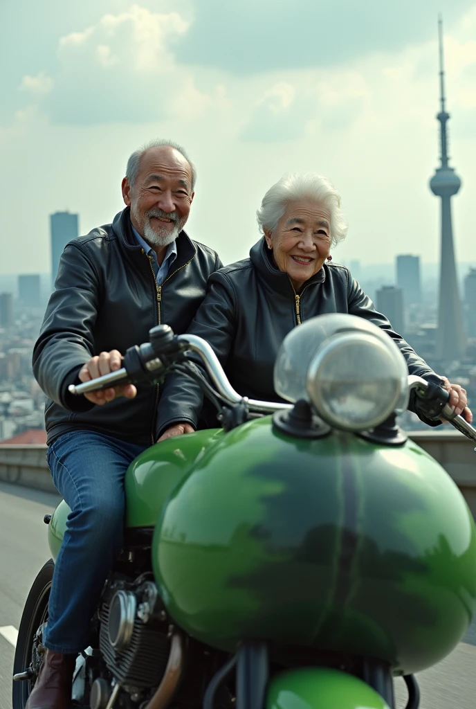 ((ghost of an elderly japanese couple wearing black leather jackets)), (flying over Tokyo on a large motorcycle), a smiling couple with Tokyo Tower in the background, an old man riding a cucumber-shaped motorcycle, an old woman riding
eggplant-shaped motorcycle,