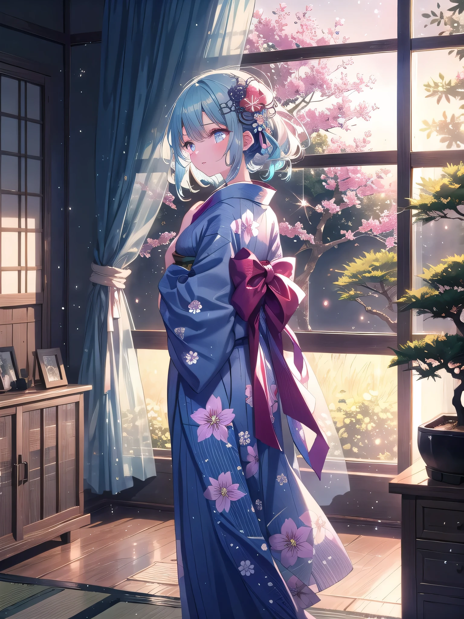 ((8k, Highest quality, masterpiece: 1.3)),Ultra-high resolution,(1 girl, alone), (Color changing eyes, Ultra-detailed, Expressive brilliance, Glitter, Glowing Eyes), Highly detailed eyes, Highly detailed face, Random Hair, ((pastel colour)),A shy young woman with pastel blue hair styled into soft waves, standing near her window in her softly lit bedroom during a peaceful morning. She is dressed in a modest yet sensual traditional Japanese yukata, with a delicate floral pattern and an obi tied neatly at her waist. The camera captures her from a back angle as she gazes out the window, her expression peaceful and contemplative. The room is softly lit by the morning sun, with a simple futon laid out on the floor, a small bonsai tree on the windowsill, and a few traditional decorations, creating an atmosphere of serene beauty and understated charm.