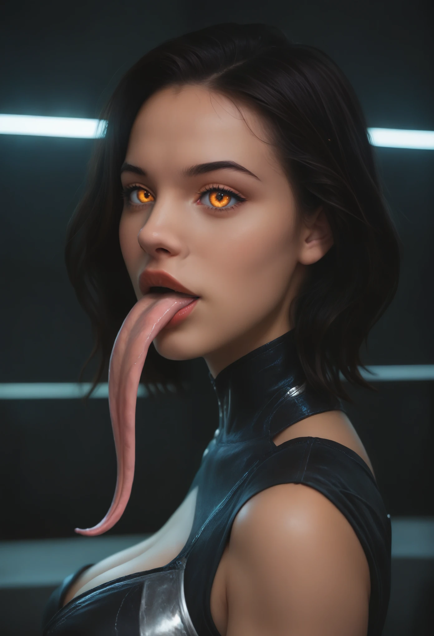 score_9, score_8_up, score_7_up, 1 female medusa alien, A scene from a science fiction movie, beautiful detailed eyes, A third eye on the forehead, beautiful detailed lips, extremely detailed face and eyes, long eyelashes, (long tongue like a snake:1.2), intricate insect-like features, glowing compound eyes, scythe-like forelimbs, alien carapace, vibrant colors, futuristic sci-fi environment, neon lights, glowing energy field, complex technological architecture, dramatic lighting, cinematic atmosphere, award winning digital art, hyper realistic, 8k, high quality, masterpiece, Bioluminescence, Translucent armor, thespiritde