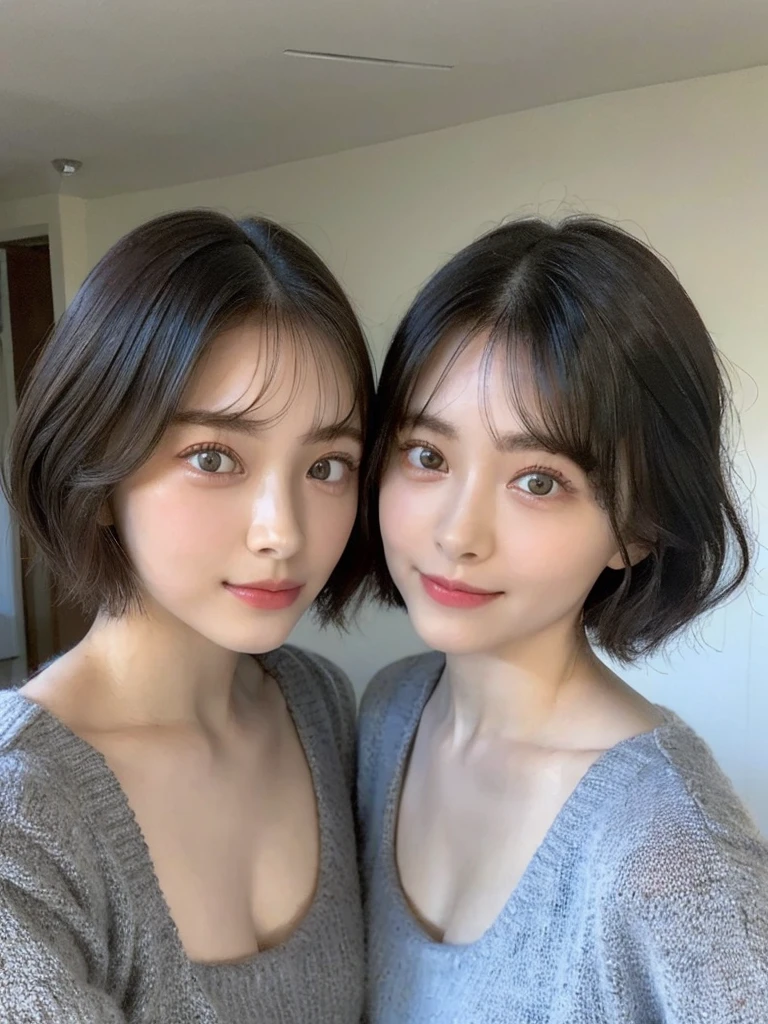 (masterpiece:1.3), (8k, Photoreal, Raw photo, best image quality: 1.4), Japanese high school girl、(random hairstyle:1.2)、cleavage:1.5、super detail face、eye for details、double eyelid、chest to chest、sharp focus:1.2、Beautiful woman:1.4、light brown hair、highest quality、masterpiece、超A high resolution、(Photoreal:1.4)、Highly detailed and professionally lit smiles、loose and light knitwear、shoulder out、thin、serious expression、short haired、deadly position
similar identical twins
All the girls have the exact same face, The two have the same face and figure, as if they were mirror images.