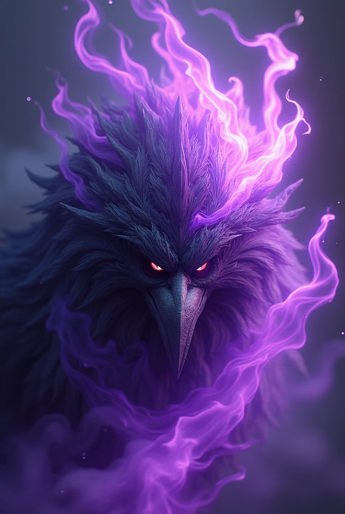 Tengu face burning in violet flames