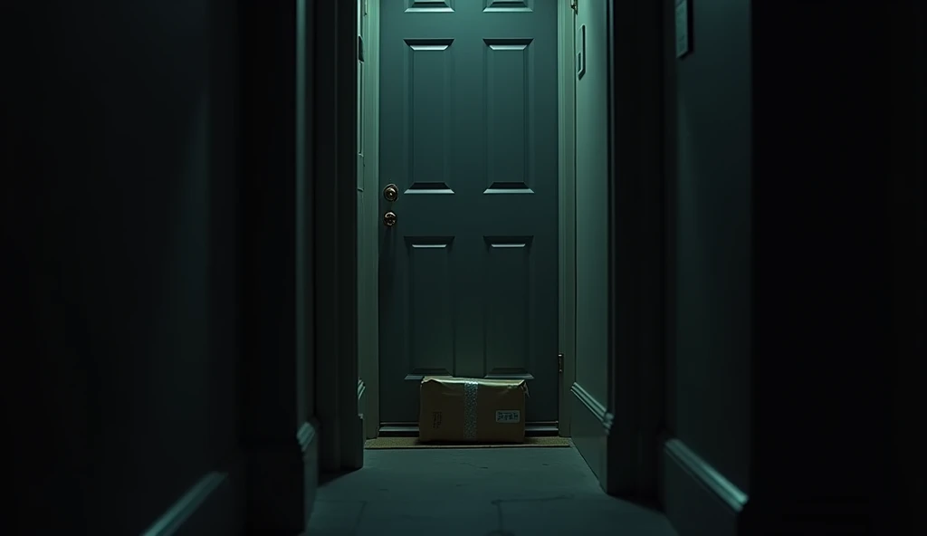 A medium-sized, unwrapped package blocking a closed front door of a single-person apartment building in the US at night. The scene is dimly lit with an eerie glow. A diagonal angle shot focusing on the package with a narrow depth of field. Create a spooky atmosphere. A mysterious, unadorned package left on a doorstep of a single-person apartment building in the US in the dark. The only light source is an ominous glow emanating from the package. The diagonal shot and shallow depth of field should create a sense of dread and anticipation. A forgotten package, left on a doorstep of a single-person apartment building in the US in the dead of night. The viewer should feel a sense of unease as they peer through a keyhole at the ominous object. The diagonal composition and shallow depth of field emphasize the isolation and mystery. A dark, narrow hallway of a single-person apartment building in the US. A single ray of light illuminates a medium-sized, plain package blocking a door. The diagonal composition and shallow depth of field create a sense of unease and isolation.
