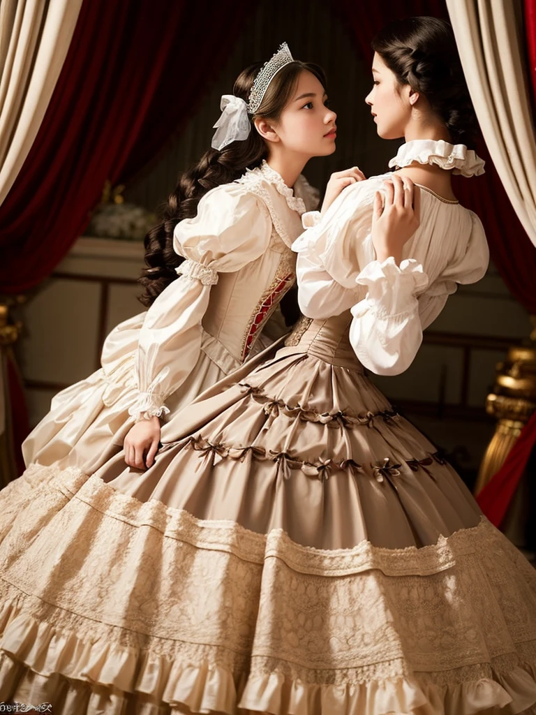 highest quality, masterpiece, highest resolution, artwork, super get used to it, many become familiar with, become familiar with, get used to it, woman, 18 years old,the two girls are princesses,victorian dress,long sleeve,long dress,A dress with lots of frills and ribbons.,luxury,Two kiss,Bedroom,canopy bed in the back,