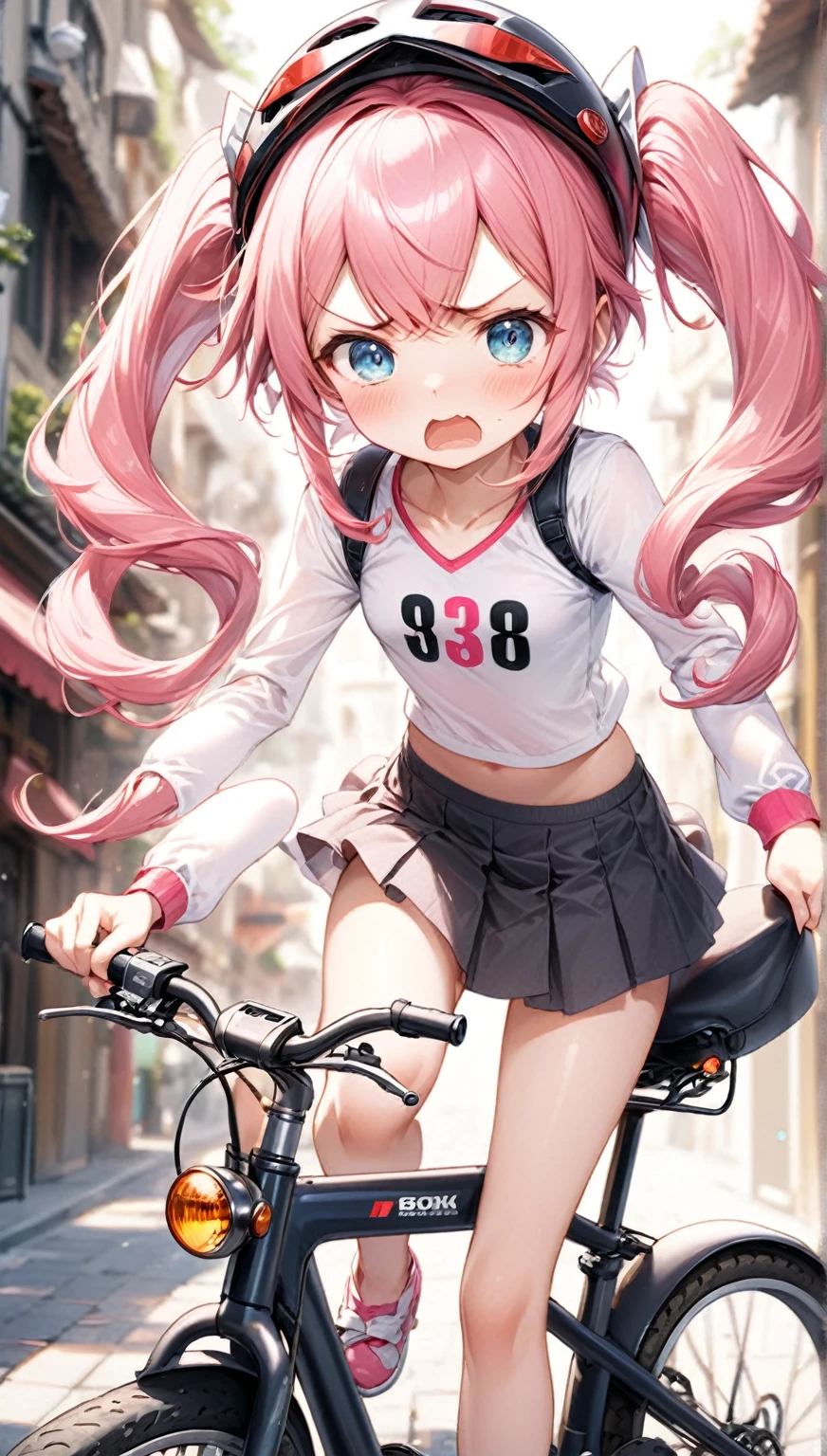 (Highest quality,8k,32K,masterpiece,Ultra-high resolution :1.2 ),born,one person,Super cute,Natural light,Clear, shining eyes,20-year-old,Fair skin,Bike touring electronic world fantasy background,Pink Hair,Small breasts,In underwear,Good,bike,Bike helmet,Twin tails,Small height,Motor bike,Full Face Helmets,Riding a bike,mini skirt,Skirt too short,Feeling embarrassed,A little angry