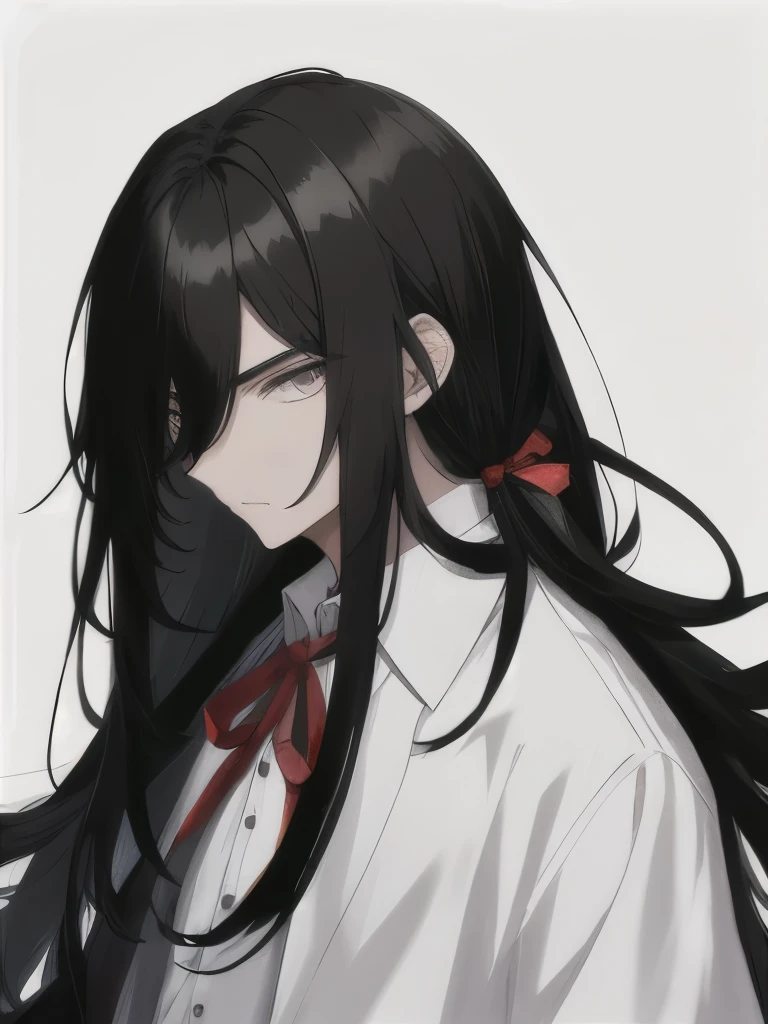 A boy with long black hair, slightly slanted eyes, bangs swept back, wearing a white shirt with a ribbon and a coat。