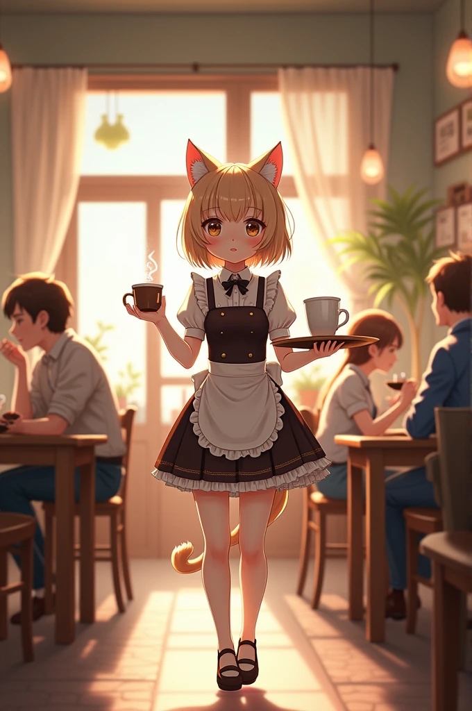 Draw a cute cat girl waitress, serving coffee in a cafe