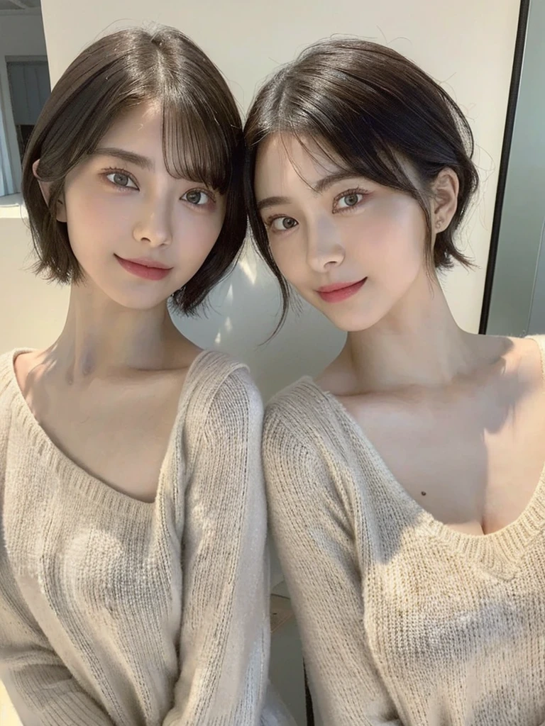 (masterpiece:1.3), (8k, Photoreal, Raw photo, best image quality: 1.4), Japanese high school girl、(random hairstyle:1.2)、cleavage:1.5、super detail face、eye for details、double eyelid、chest to chest、sharp focus:1.2、Beautiful woman:1.4、light brown hair、highest quality、masterpiece、超A high resolution、(Photoreal:1.4)、Highly detailed and professionally lit smiles、loose and light knitwear、shoulder out、thin、serious expression、short haired、deadly position
similar identical twins
All the girls have the exact same face, The two have the same face and figure, as if they were mirror images.