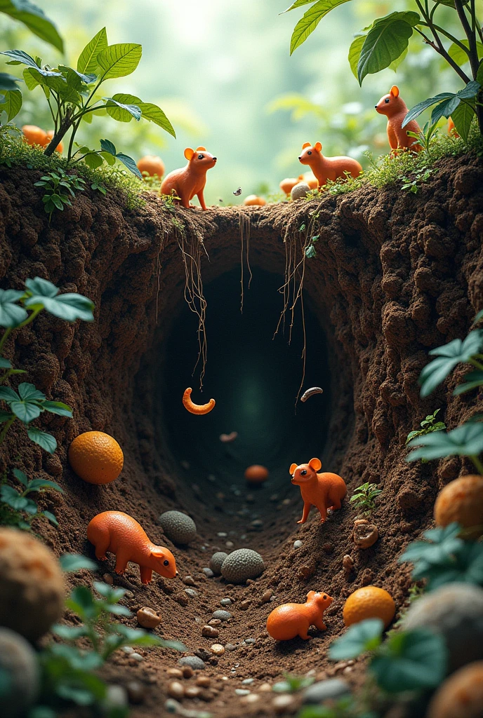 An image where the ground comes out,animals,  a plant and the soil biota in relation 