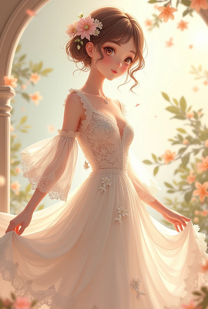 Even more complex summer lace dress design with see through jacket. Anime white dress girl detailed design. summer dress lace. see through jacket cute long dress. Fullbody design. Cute hair design. Flowy dress design. Little flowers on hair design.