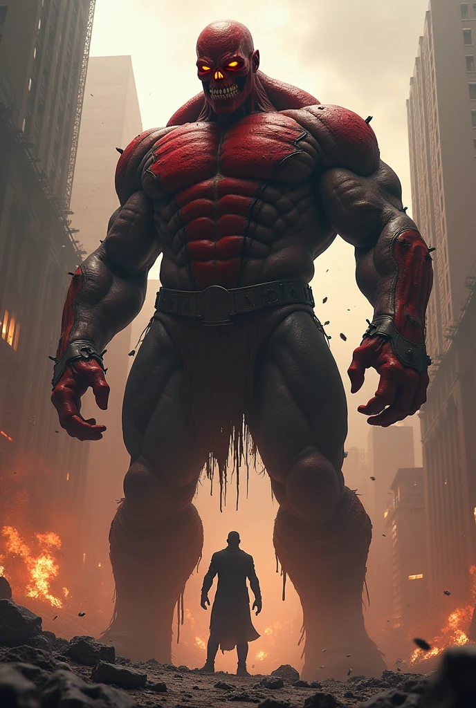 Man with ripped face resembles red skull, with titanic body in a catastrophic event and a leader of an organization 