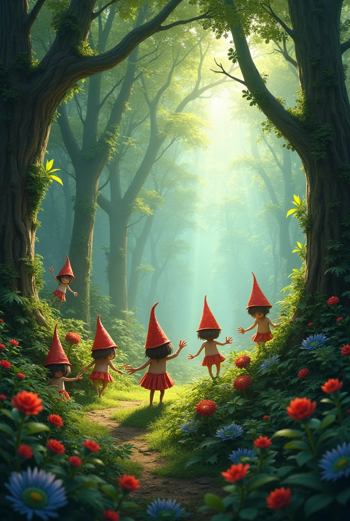 Image of a forest with many sacis Pererê
