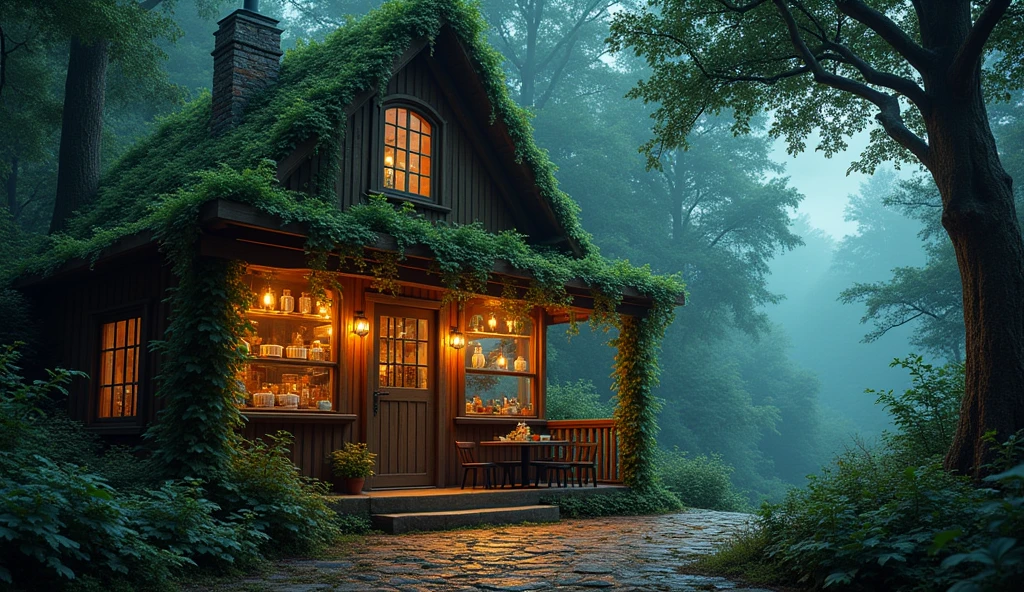 A coffee shop in the forest.
There are lots of vines growing outside the shop. Photo, illustration, 3D rendering, painting, vivid, night