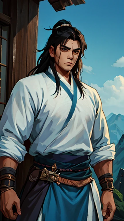 (1man, Conan the Barbarian, xiake), (extremely detailed CG unit 8k wallpaper),(master part), (best quality), (ultra detail), (best illustration),(melhor ombre), cowboy shot, (Sharp eyeliner, ombre, detailed eyes:1), Chinese Village background,break , (ghibli style), upper body