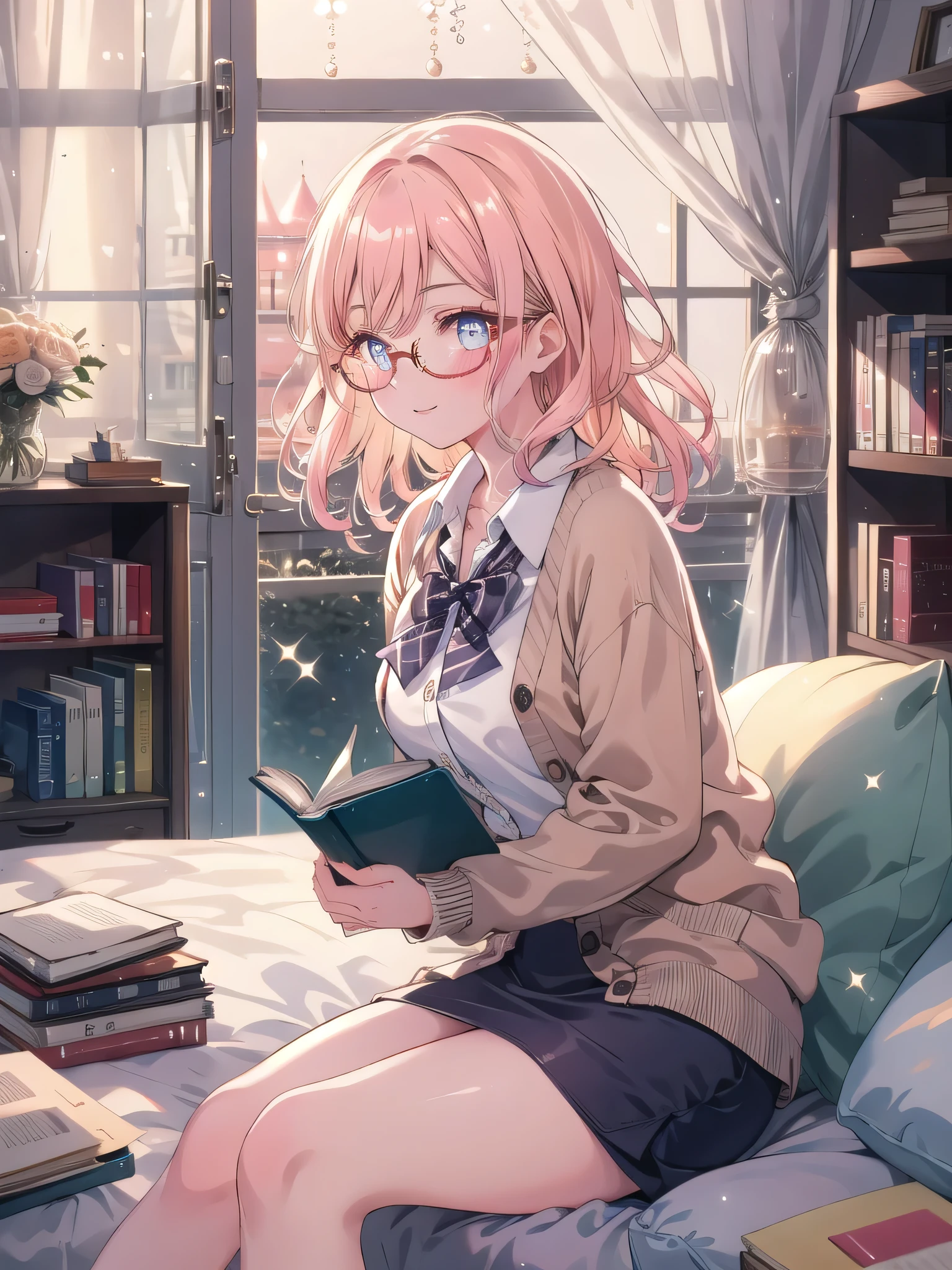 ((8k, Highest quality, masterpiece: 1.3)),Ultra-high resolution,(1 girl, alone), (Color changing eyes, Ultra-detailed, Expressive brilliance, Glitter, Glowing Eyes), Highly detailed eyes, Highly detailed face, Random Hair, ((pastel colour)),A reserved young woman with pastel peach-colored hair styled into loose, natural waves, sitting on a floor cushion in her minimalist bedroom during the early morning. She is dressed in a demure yet subtly sexy librarian cosplay, wearing a knee-length pencil skirt, a buttoned-up blouse with a soft cardigan, and a pair of vintage round glasses. The camera captures her from a low angle as she reads a book with a slight smile, her expression calm and focused. The room is softly illuminated by the gentle morning light filtering through the curtains, with a bookshelf filled with books and a few scattered cushions creating an atmosphere of quiet intellect and understated allure.