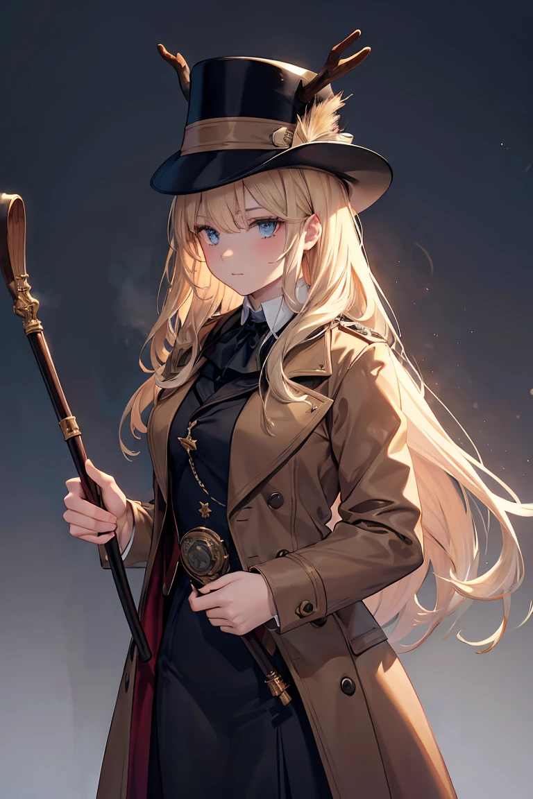 dark blonde hair, long hair, backlighting, masterpiece, accurate, anatomically correct, super detail, award winning, 16k, best quality, high details, high quality, Sherlock Holmes, deerskin hat, Inverness coat, Detective, A beautiful woman dressed in British gentleman style, Britain in the late 19th century, Holding a walking stick in her right hand