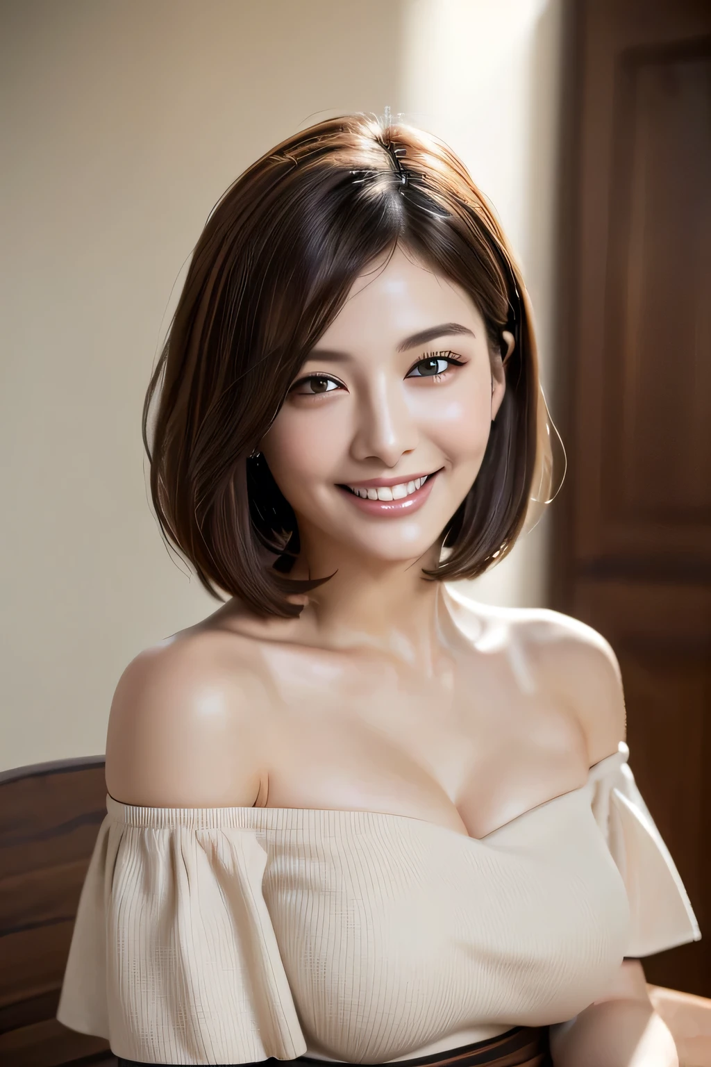 ((Realistic Light, Highest quality, 8k, Tabletop: 1.3)), 1 person, (Orgasm Facial), Slim body beauty: 1.4, Brown Hair, (Orgasm Facial), (((Extra Large: 1.3)), Off-the-shoulder cut top: 1.3, Highly detailed face, fine grain, double eyelid, My Room, smile, (((beauty of saggy breasts))