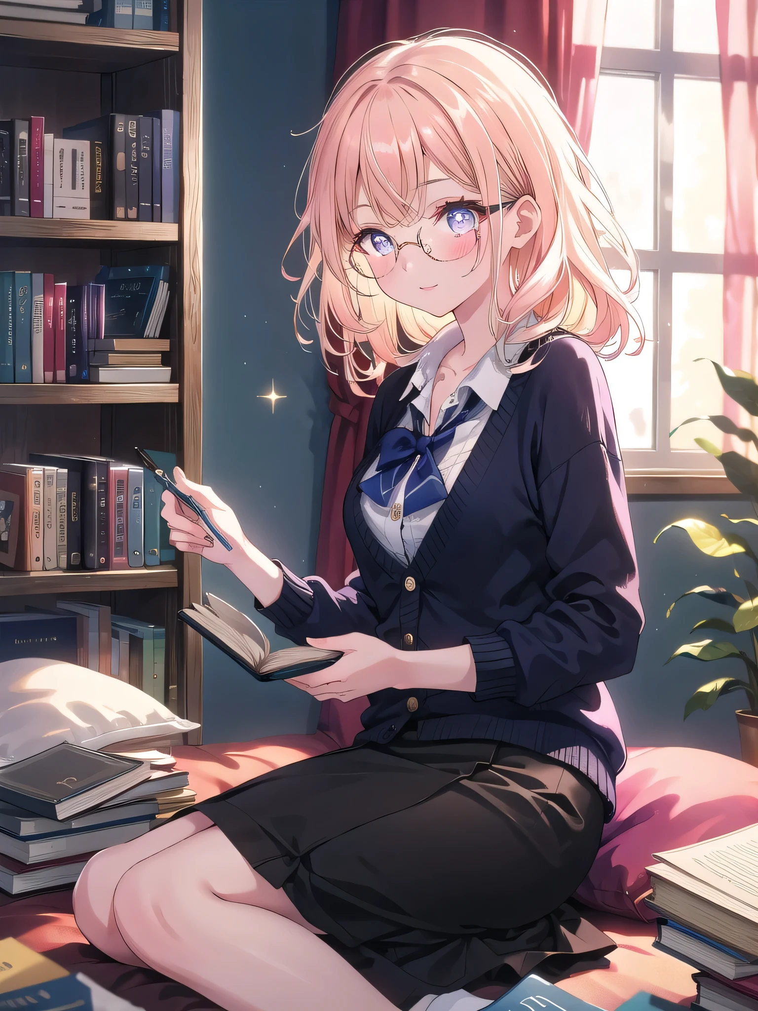((8k, Highest quality, masterpiece: 1.3)),Ultra-high resolution,(1 girl, alone), (Color changing eyes, Ultra-detailed, Expressive brilliance, Glitter, Glowing Eyes), Highly detailed eyes, Highly detailed face, Random Hair, ((pastel colour)),A reserved young woman with pastel peach-colored hair styled into loose, natural waves, sitting on a floor cushion in her minimalist bedroom during the early morning. She is dressed in a demure yet subtly sexy librarian cosplay, wearing a knee-length pencil skirt, a buttoned-up blouse with a soft cardigan, and a pair of vintage round glasses. The camera captures her from a low angle as she reads a book with a slight smile, her expression calm and focused. The room is softly illuminated by the gentle morning light filtering through the curtains, with a bookshelf filled with books and a few scattered cushions creating an atmosphere of quiet intellect and understated allure.