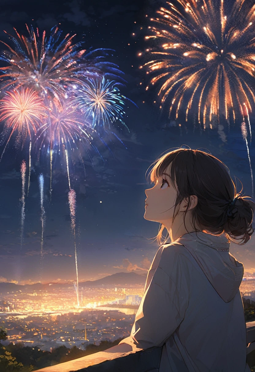 (masterpiece, Highest quality:1.2), alone girl, at night, looking at sky, fireworks