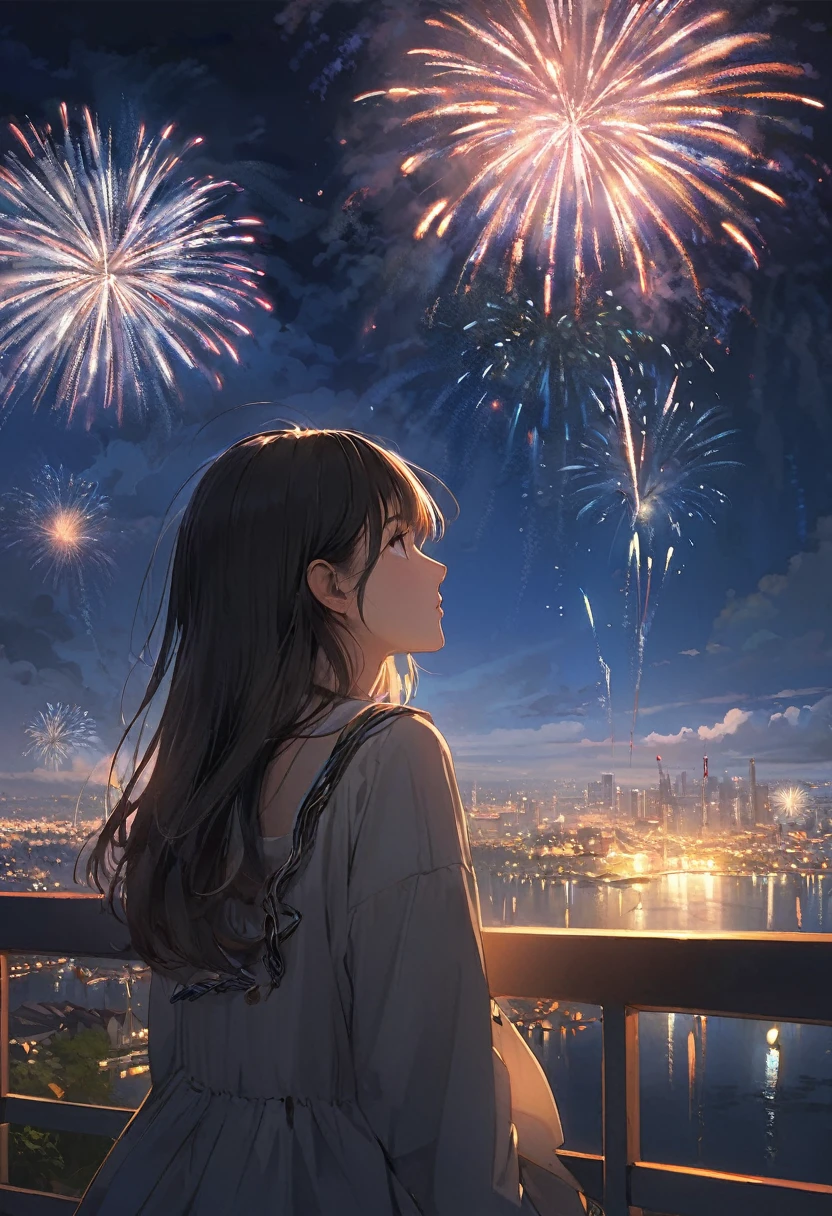 (masterpiece, Highest quality:1.2), alone girl, at night, looking at sky, fireworks