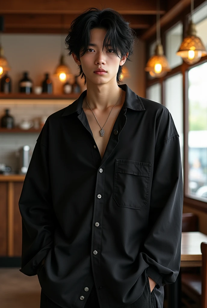 GU's easy care sheer oversized(black、Long sleeve)Male idol wearing(High nose、Medieval、Skinny)。髪型はblack髪マッシュ、I'd like a cafe in the background.。Easy care sheer oversized with inner wear、Please make sure your nipples and skin are not visible.。
Never wear a breast pocket。
Please faithfully reproduce the easy care sheer oversized collar。