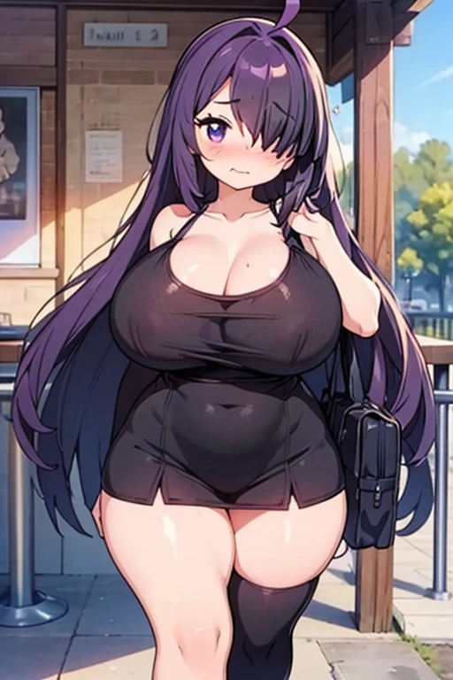 1 Beautifully Too Huge Breasted Cute mother, Pastel colors hair, (Excessively overwhelmingly gigantic huge breasts:1.6, Extra long sagging breasts:1.6, Thighs:1.2, thick legs:1.2, curvy:1.2, towering stature:1.6, massive fat thick unnatural belly, Plump), purple eyes, (ahoge, messy hair:1.2, tired hair:1.2, flipped hair, very long hair, bags under eyes:1.3), black hair, (purple hair:1.2), (blush:1.2, emberrased:1.2, quiet personality:1.2, scared:1.2, looking away, wavy mouth, shy), (naked), at the adventurer's guild, A bulletin board with posted paper, hand over face