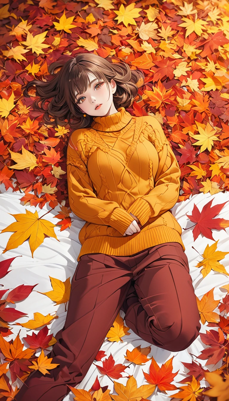The image shows a person wearing a mustard red knitted sweater lying on a bed of autumn leaves. The leaves in the background are a mix of orange, red and yellow tones, suggesting the fall season