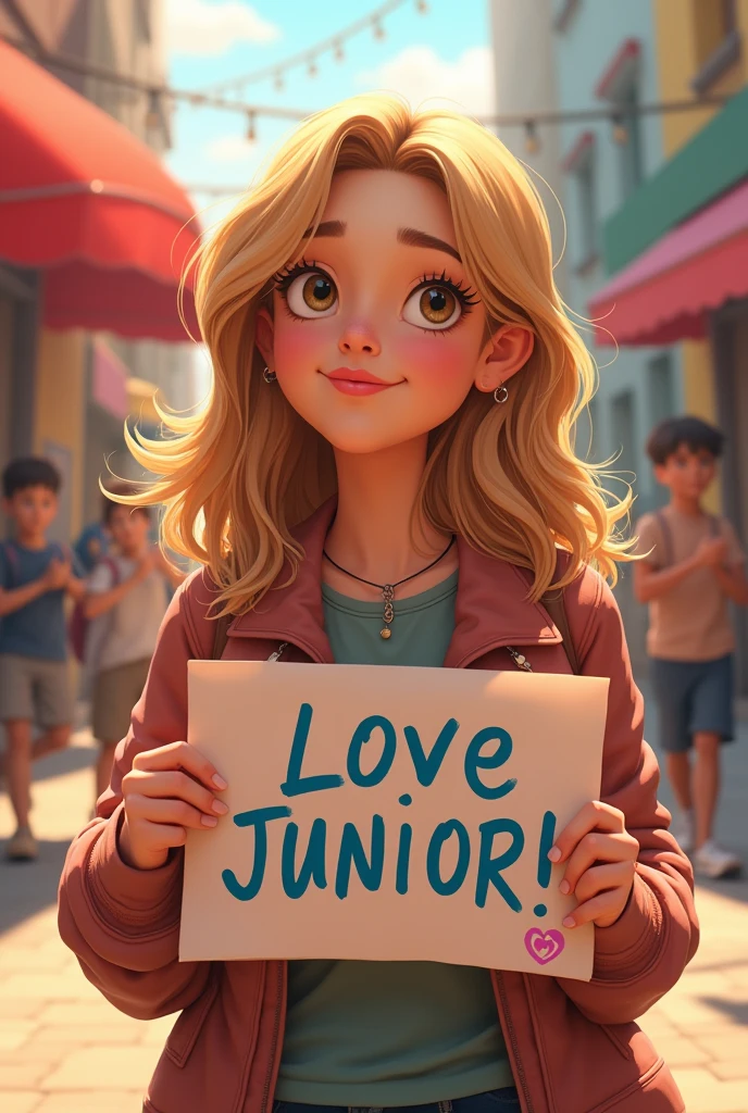 Elisabet olsen holding a sign written "junior i love you" while sending a kiss