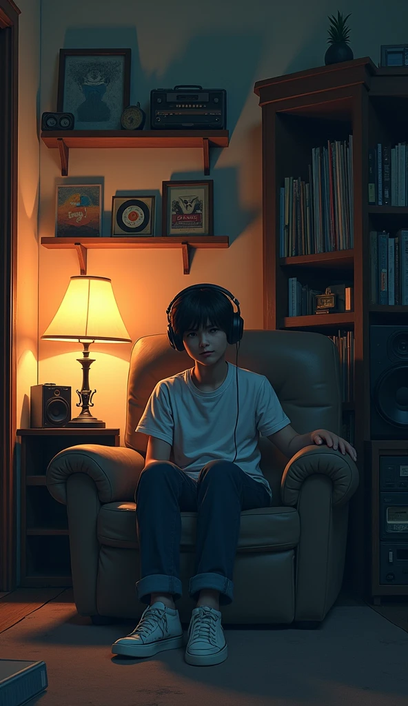 night、Listen to music in a cozy room, Using headphones, 2D-style animation, Lo-Fi, Very detailed, hard disk