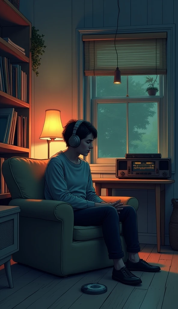 night、Listen to music in a cozy room, Using headphones, 2D-style animation, Lo-Fi, Very detailed, hard disk