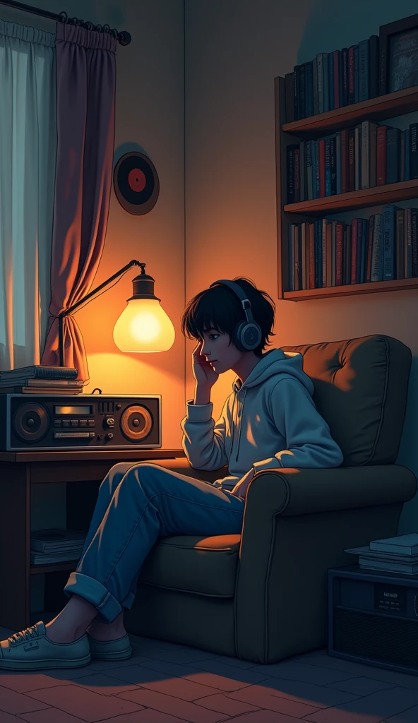 night、Listen to music in a cozy room, Using headphones, 2D-style animation, Lo-Fi, Very detailed, hard disk