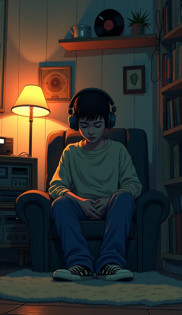 night、Listen to music in a cozy room, Using headphones, 2D-style animation, Lo-Fi, Very detailed, hard disk