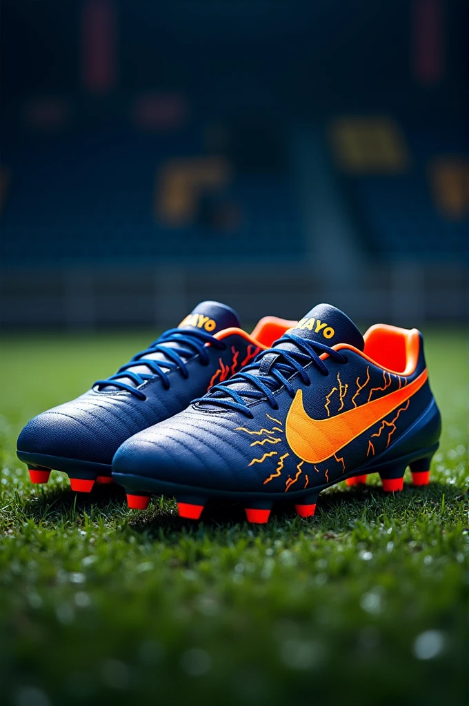 Soccer shoes with lightning bolt design and name RAYO