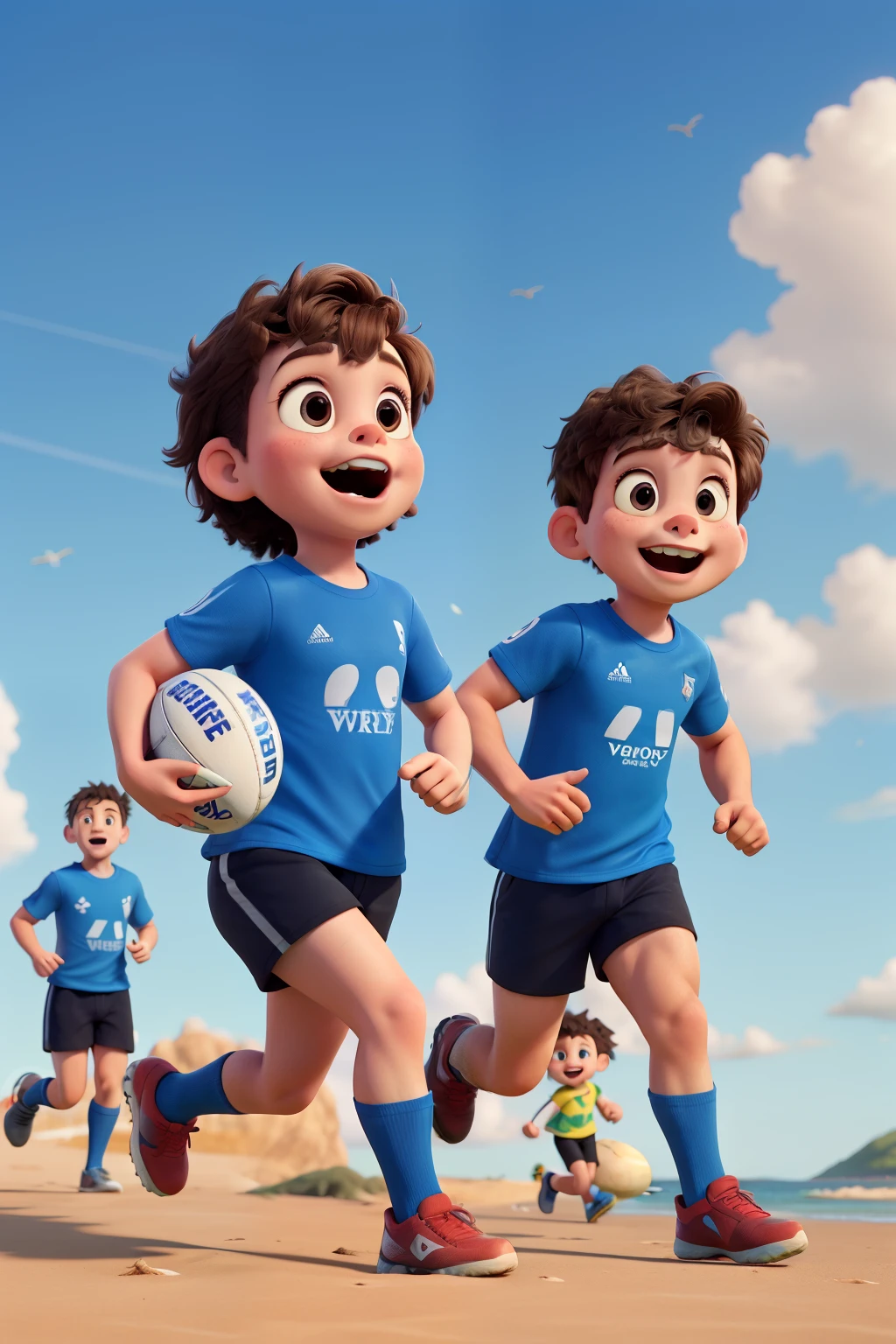  playing rugby together on the beach and running. Children must wear blue t-shirt and short. Disney Cartoon
